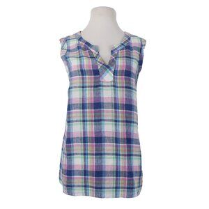 Talbots Top Sz L Blue Pink Multi Color Plaid V Neck Sleeveless 100% Linin Top